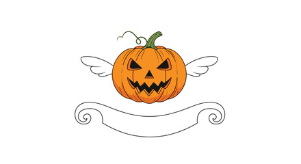 Menacing halloween jack-o'-lantern pumpkin with bat wings and a blank banner below for custom text on a plain white background.