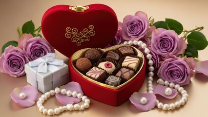 Romantic heart-shaped box of chocolates with roses and pearls for valentine's day