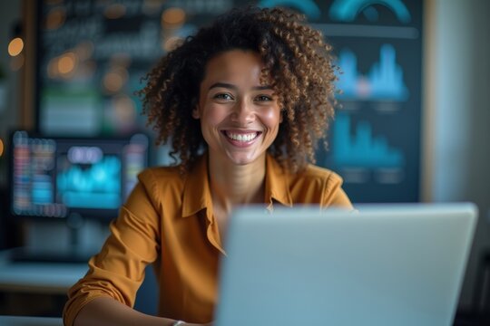 Confident and successful female statistician exudes confidence in her office surrounded by data and numbers on her laptop - Powered by Adobe