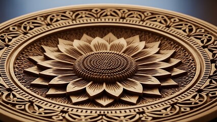 Obraz premium Intricately carved wooden floral design plate