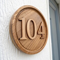  number 104 on a wooden sign mounted on a textured wall