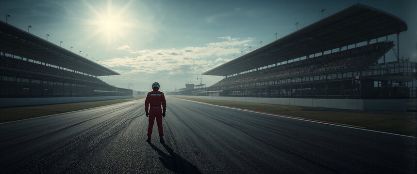 Race car driver standing on the track facing the sun with grandstands full of spectators