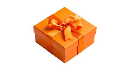 Obraz premium An orange gift box, square, tied with a matching ribbon and bow, on a black background