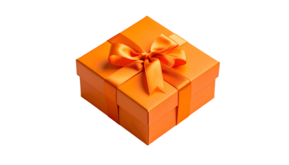 An orange gift box, square, tied with a matching ribbon and bow, on a black background