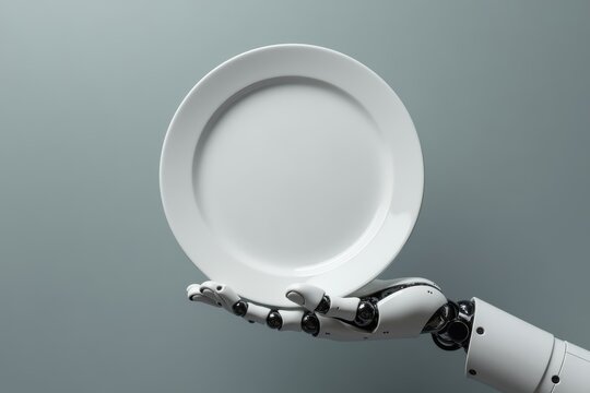 The Fusion of Technology and Hospitality: Robotic Hand with Empty Plate on Grey Background. - Powered by Adobe