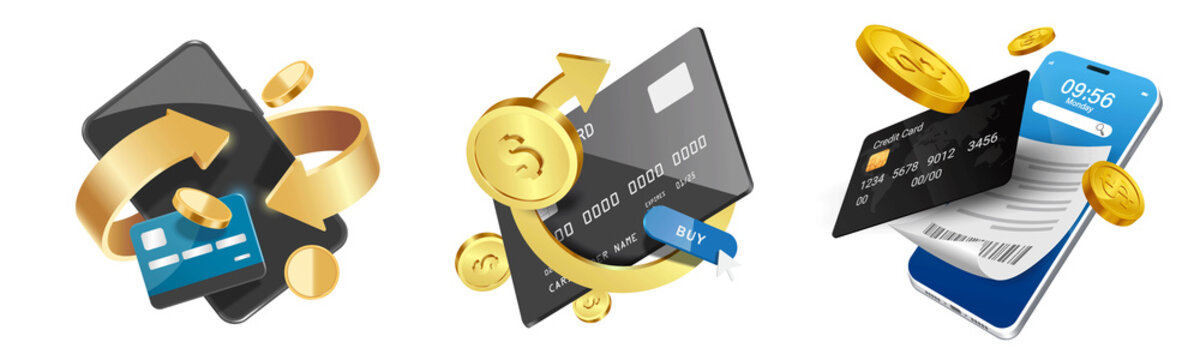 Modern 3D illustration of cashback and digital payment concept featuring smartphone, credit card, gold coins, receipt, and circular arrows symbolizing refund, reward, and money flow