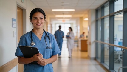 Nurse in hospital hallway holding clipboard