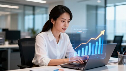Woman analyzing business data on laptop