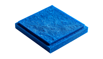 Isometric view of a textured blue square layered object, isolated on black