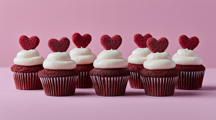Red Velvet Cupcakes With White Frosting And Heart-Shaped Toppers On Pink Background