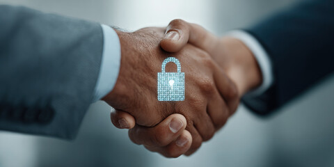 Businessmen shaking hands with a digital padlock overlay symbolizing security and trust