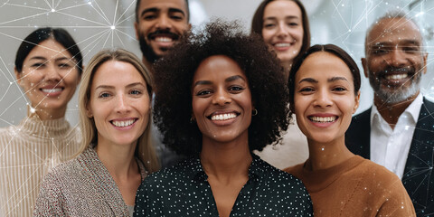 Diverse group of smiling professionals connected by a digital network overlay
