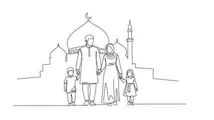 muslim family walking in front of mosque