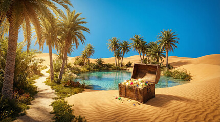 Treasure chest filled with gold standing in the middle of a desert oasis, palm trees and clear water surrounded by golden sand dunes, fantasy adventure scene symbolizing wealth, discovery, fortune, an