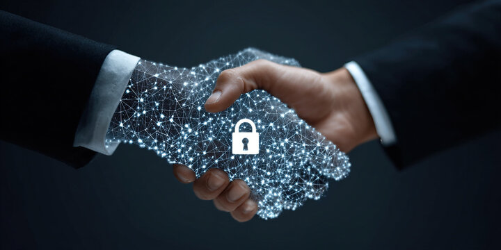 Digital handshake with padlock icon symbolizing secure technology and business agreement - Powered by Adobe