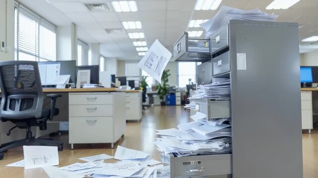 An office scene depicting extreme disorganization with papers overflowing from a filing cabinet and scattered across the floor.
