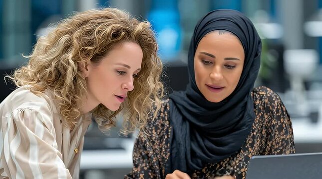 Two women are collaborating on a project in an office setting