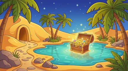 Treasure chest filled with gold standing in the middle of a desert oasis, palm trees and clear water surrounded by golden sand dunes, fantasy adventure scene symbolizing wealth, discovery, fortune, an