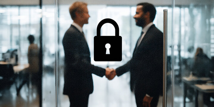 Businessmen shaking hands with a padlock icon symbolizing security and trust in a deal - Powered by Adobe