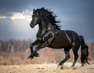 Dynamic black horse prancing on sandy ground against a hazy sky, autumn trees in background, mane flowing in wind