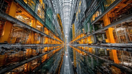 Expansive interior shot of a long industrial hall, mirrored reflection