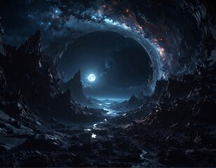 A dark, rocky tunnel opens to a glowing, celestial scene