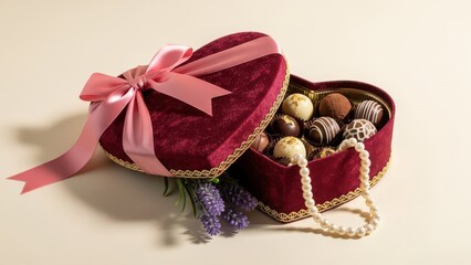 Elegant heart-shaped box filled with delicious chocolates and decorated with a pink ribbon and pearls for valentine's day