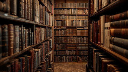 Obraz premium Antique library aisle with leatherbound books and warm lighting evoking calm study