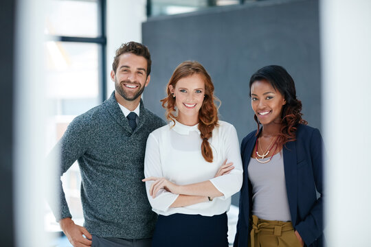 Business, team and smile with portrait in office for policy management, confidence or about us. Insurance broker, happy people or arms crossed at corporate firm for expert advice or claims consultant