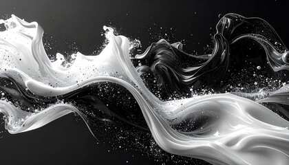 Dynamic black/white fluid swirl; shimmering particles. Elegant abstract motion on gradient background
