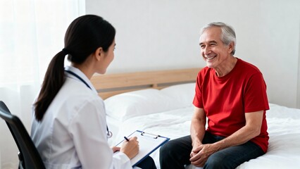 Fototapeta premium Doctor consulting elderly patient in bedroom