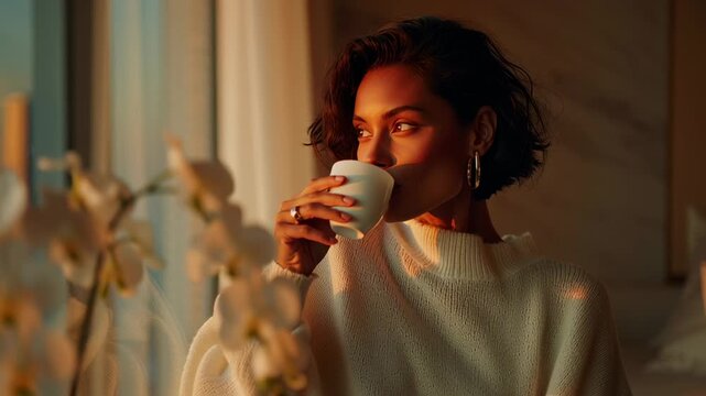 In a beautifully lit room, a diverse woman savors a warm drink while gazing out at a breathtaking sunset. The atmosphere is filled with tranquility and elegance, showcasing a refined lifestyle