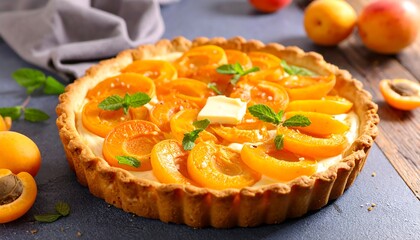 A delicious-looking fruit tart with apricots and herbs on a gray surface