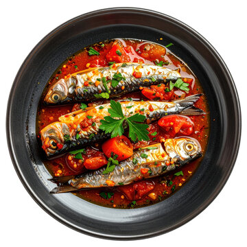 Appetizing sardine escabeche with herbs on a dark plate, a flavorful seafood starter isolated on white background for blogs