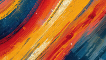 Vibrant diagonal paint streaks warm orange and red with cool blue contrast, energetic abstract