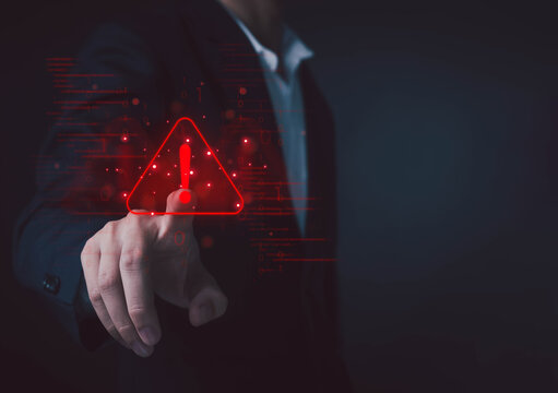 Cyber security warning concept with businessman touching red alert icon, representing system risk, data breach, digital threat, network protection, information security, and cyber attack prevention. - Powered by Adobe
