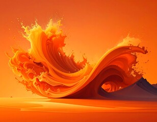 Dynamic orange wave cresting above a flat surface, with small rocks in background under saturated orange sky
