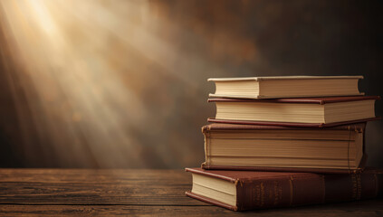 Ancient book stack on wooden table with warm sunbeam and cozy study atmosphere
