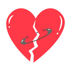 Broken Red Heart Mended with Safety Pin Illustration
