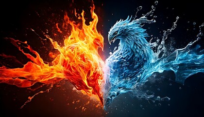 Dynamic phoenix imagery featuring fire and ice forming opposing sides against a dark backdrop, high-contrast aesthetic
