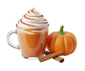 3d cartoon pumpkin spice latte with cinnamon and pumpkin transparent background cutout png