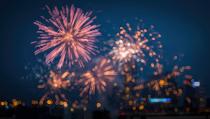 Festive night fireworks over blurred city skyline, warm glowing bokeh lights