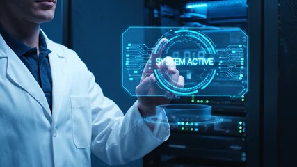 Scientist interacts with holographic data screen - Powered by Adobe