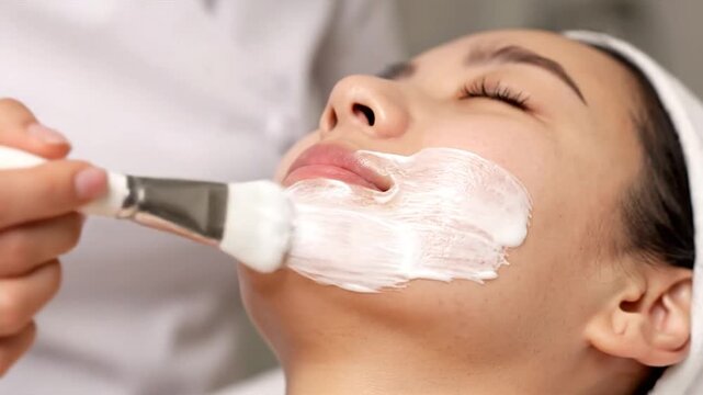 Applying creamy mask to face with brush