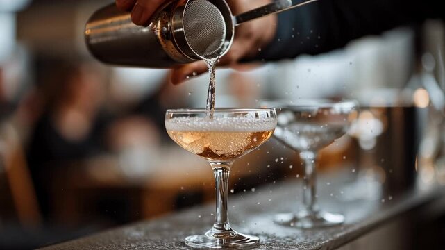 Bartender skillfully pours a sparkling cocktail into a delicate martini glass amidst a lively bar atmosphere, creating the perfect drink for celebration and joy