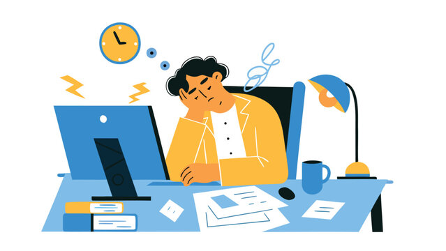 Overwhelmed businessman struggling with deadline stress at office desk