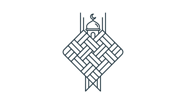 Minimalist line art illustration of a ketupat with a mosque dome and crescent moon, symbolizing Eid al-Fitr celebration.