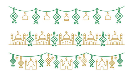 Three decorative line art borders featuring ketupat, mosques, and crescent moon motifs for Islamic celebrations like Eid al-Fitr or Ramadan.
