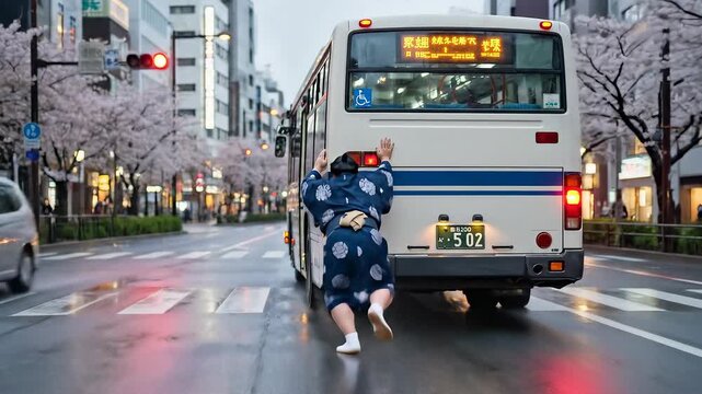 Sumo wrestler pushing broken bus on street with cherry blossoms