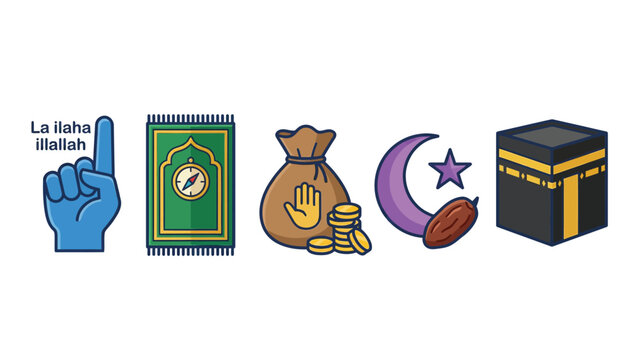 Illustrative icons representing the Five Pillars of Islam, including Shahada, Salat, Zakat, Sawm, and Hajj, on a white background.